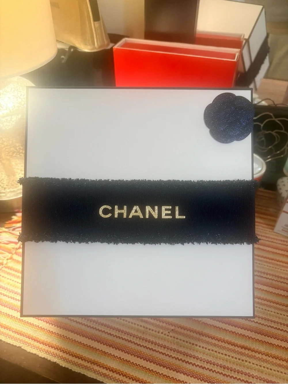 Chanel  Box with Navy Blue Ribbon and Camelia NWOT